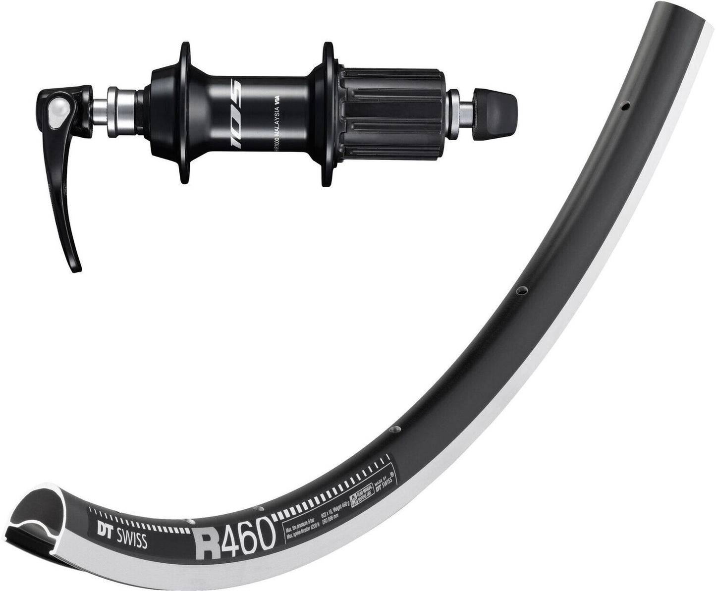 DT Swiss R460 700c rim with Shimano 105 R7000 hubs. For rim brakes & quick release